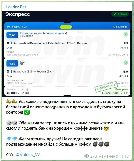 Отчет в Телеграмм Leader Bet (Владимир Мальцев)