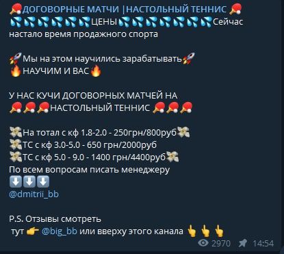 Цены ставок на канале Договорные матчи | Настольный Теннис (ex. Tennisbet)